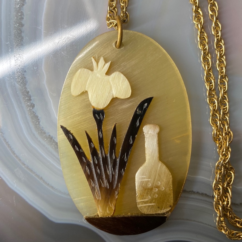 Etched Plastic Flower and Bottle Necklace